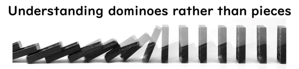 Falling dominoes representing the sequential impact of bacterial characteristics, illustrating the 'domino effect' approach to understanding foodborne pathogens like E. coli.