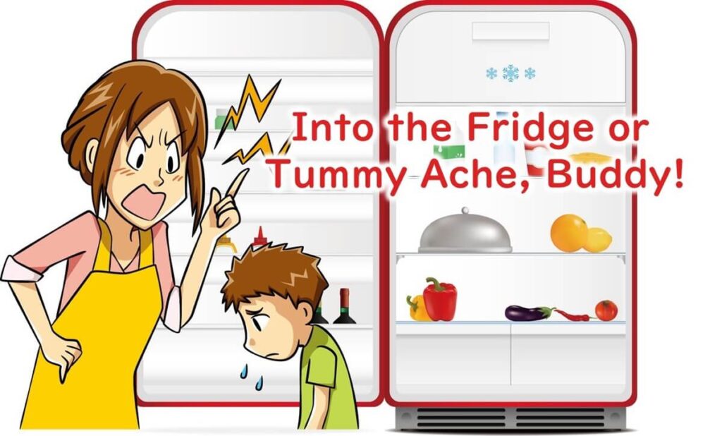 Illustration emphasizing the importance of refrigerating food to prevent spoilage and potential norovirus contamination, with a child experiencing stomach ache.