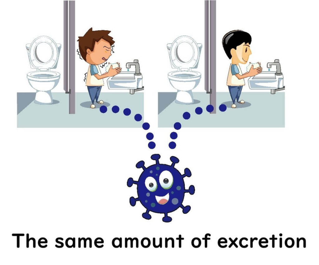 Illustration showing norovirus excretion in both symptomatic and asymptomatic individuals using toilets, emphasizing equal virus shedding and hand hygiene importance.