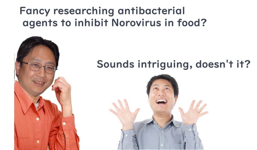 Humorous illustration questioning the research on antibacterial agents to inhibit norovirus growth in food, highlighting its impracticality.