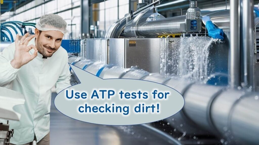 Food factory worker demonstrating ATP testing for cleanliness and contamination monitoring.