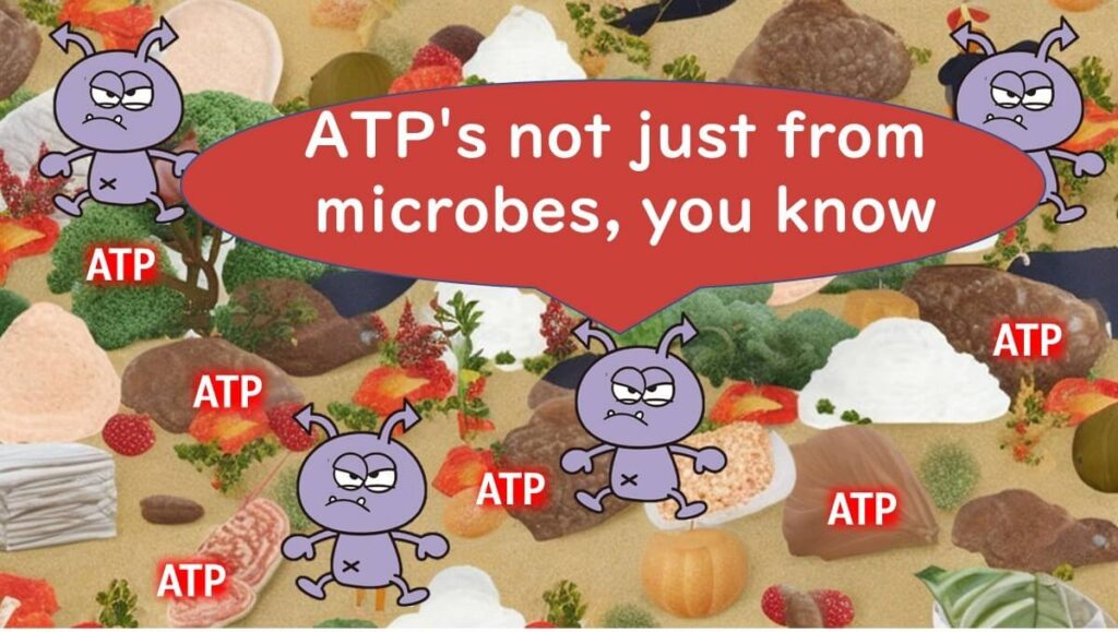 Illustration showing ATP presence in various organic materials, emphasizing that ATP is not exclusive to microbes.