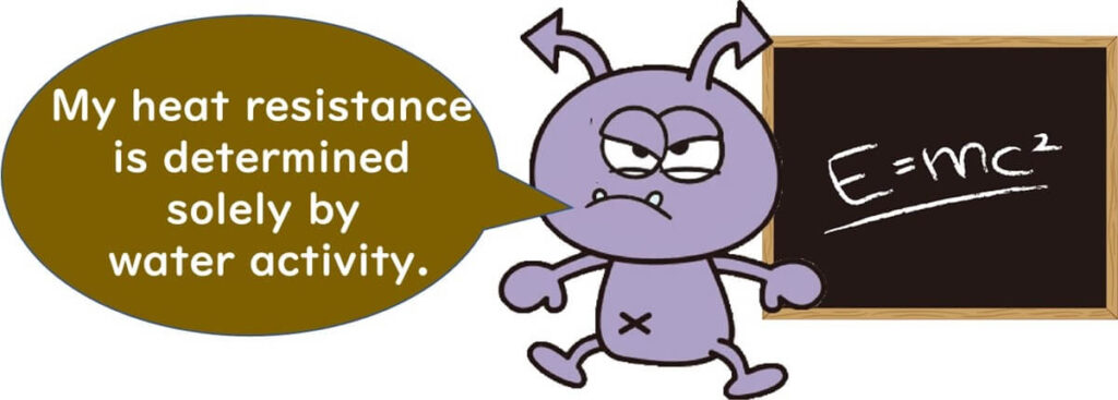Cartoon microbe character stating "My heat resistance is determined solely by water activity" next to a blackboard displaying the equation E=mc².