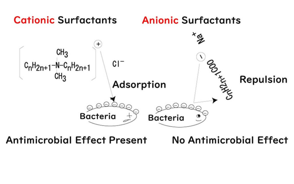 Bactericidal effect of cationic surfactants and anionic surfactants