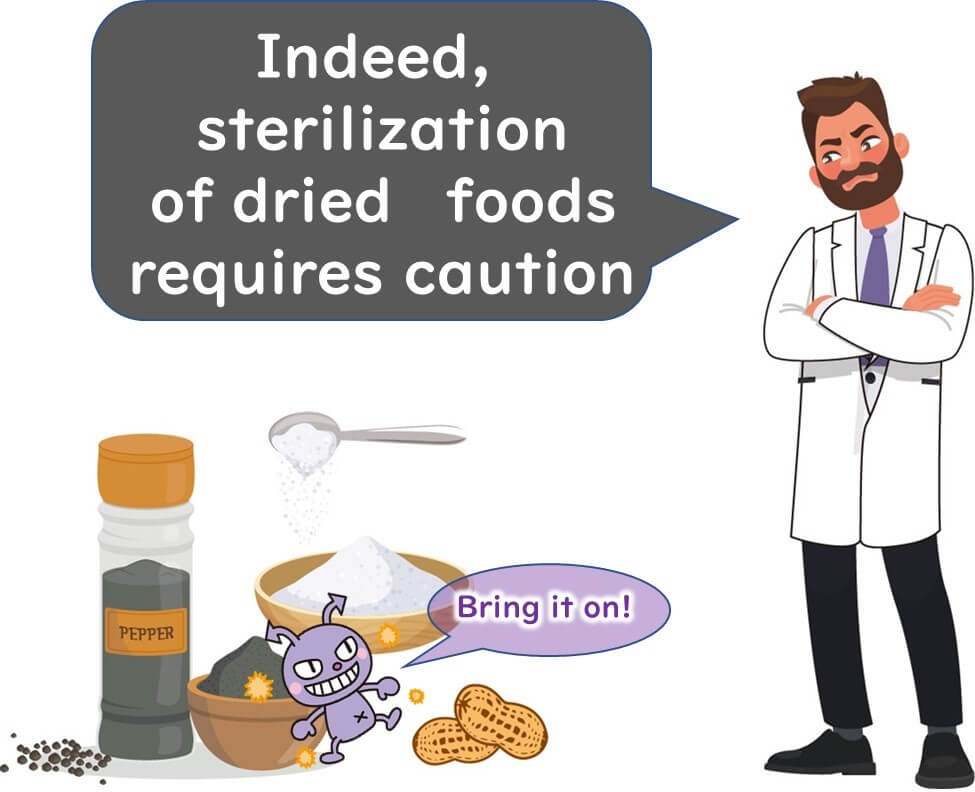 Illustration of a scientist stating "Indeed, sterilisation of dried foods requires caution" next to dried foods like pepper, peanut, and protein powder, with a cartoon microbe defiantly saying "Bring it on!"