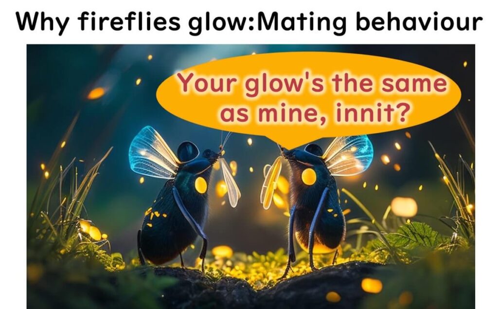 Fireflies displaying bioluminescence during mating behavior, showcasing unique glow patterns for communication and courtship.