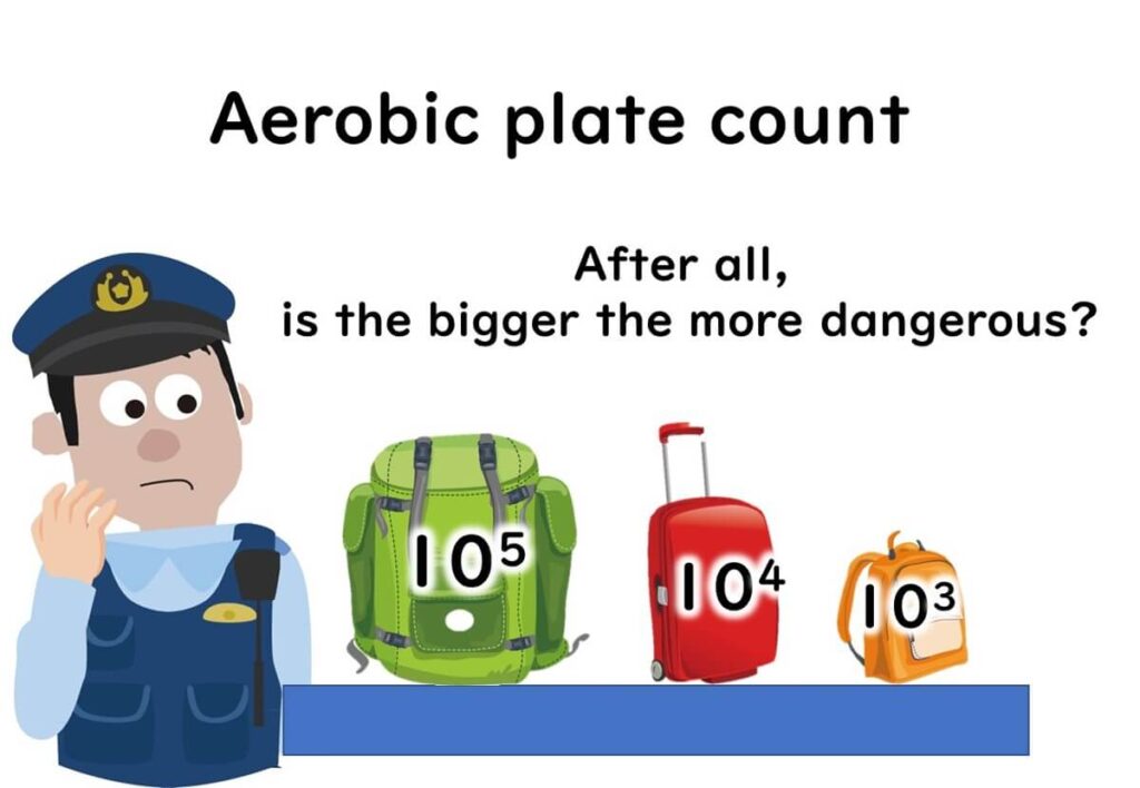 Illustration of aerobic plate count comparing bacterial load in different food samples, emphasizing microbial risk assessment.