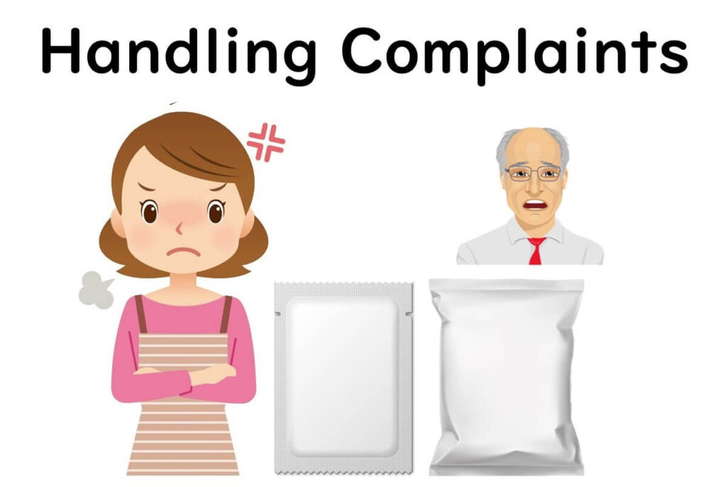 llustration of a dissatisfied customer and a concerned food manufacturer discussing product complaints, highlighting the importance of food quality control using 16S rRNA amplicon sequencing.