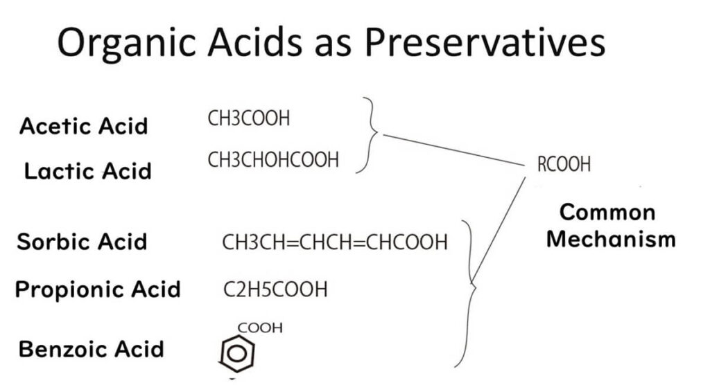 Various organic acids as preservatives