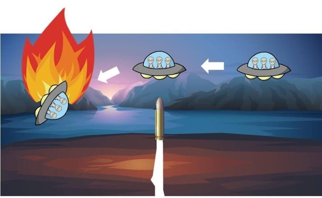 Illustration of evolutionary divergence and survival selection, depicting alien spacecraft with different survival outcomes, metaphorically representing microbial evolution