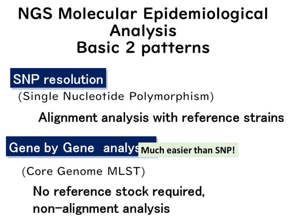 Comparison of two molecular epidemiological analysis methods: SNP resolution, which requires reference strain alignment, and gene-by-gene analysis (core genome MLST), which does not require reference strains and is simpler to perform.