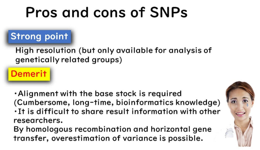 Comparison of the advantages and disadvantages of SNP analysis, highlighting high resolution as a benefit but also noting challenges such as the need for alignment, bioinformatics expertise, and potential overestimation of variance due to recombination.