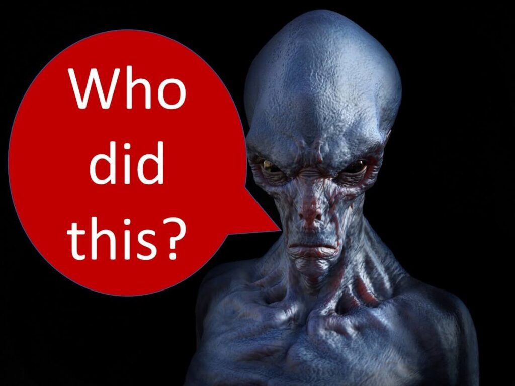 Illustration of an alien figure with a speech bubble saying 'Who did this?', representing the questioning of evolutionary origins or genomic mutations in microbial studies.