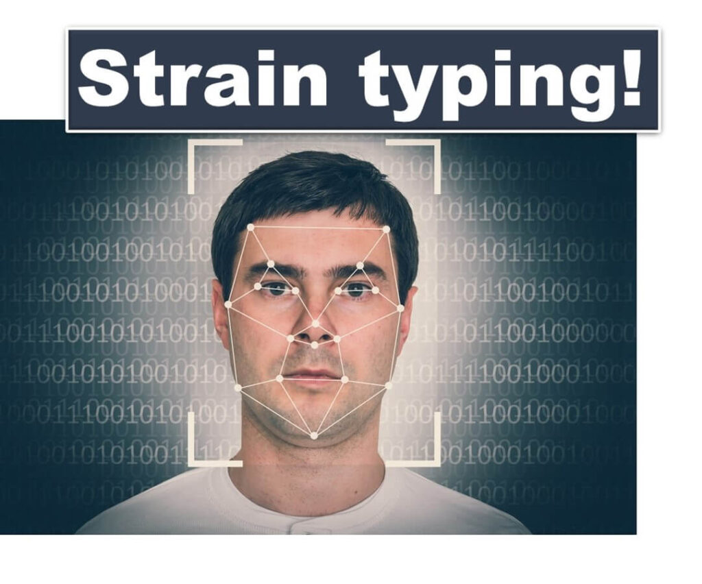 Facial recognition illustration with binary code background, symbolizing strain typing in microbial genomic analysis.