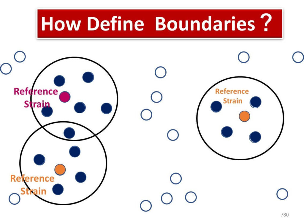 Diagram illustrating the concept of defining species boundaries using reference strains in microbial taxonomy, showcasing overlapping and distinct clusters.