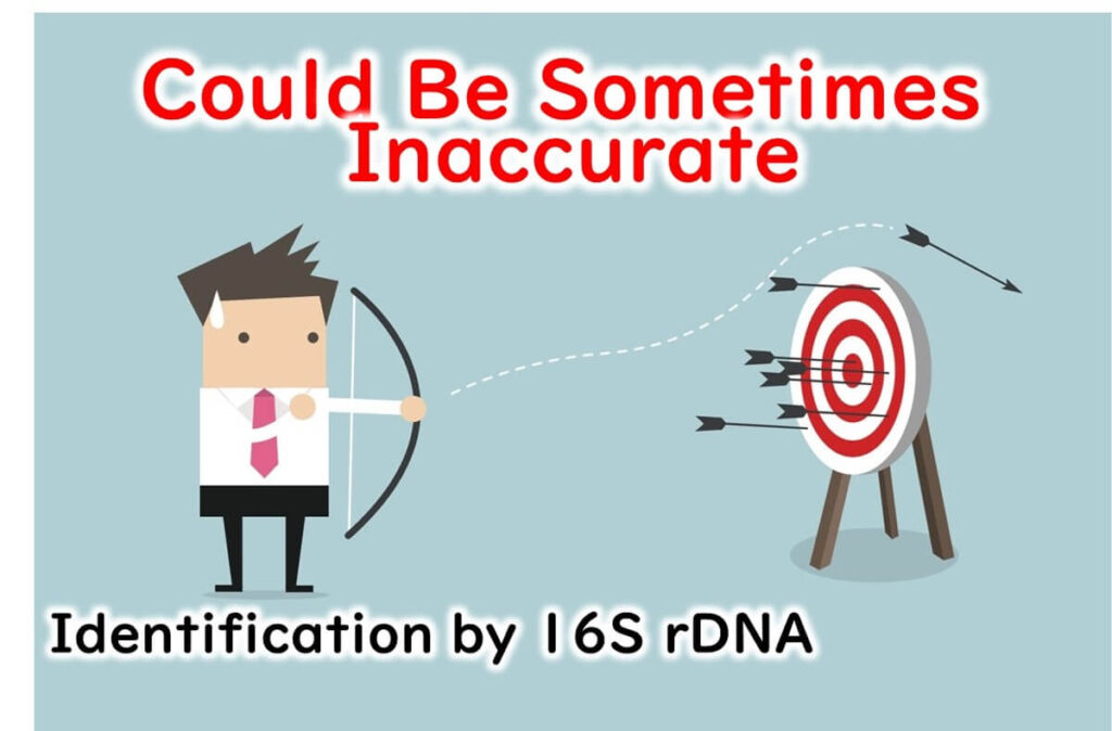 Illustration showing the limitations of 16S rDNA microbial identification, represented by an archer missing the bullseye on a target, indicating potential inaccuracy.