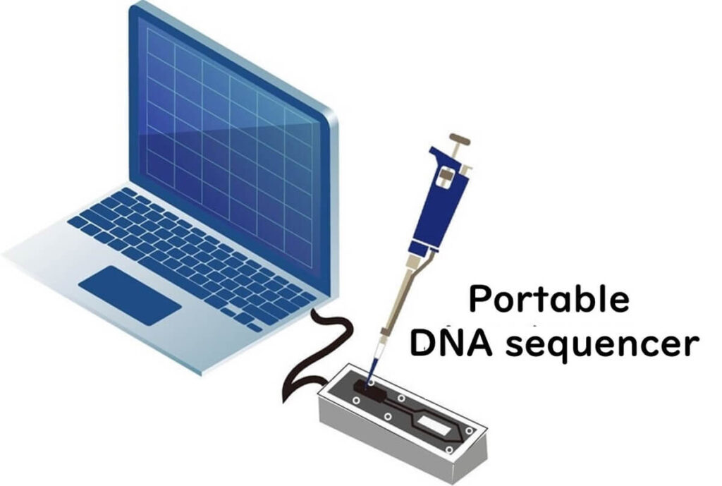 Portable DNA sequencer connected to a laptop, demonstrating real-time nanopore sequencing technology for on-site genetic analysis.