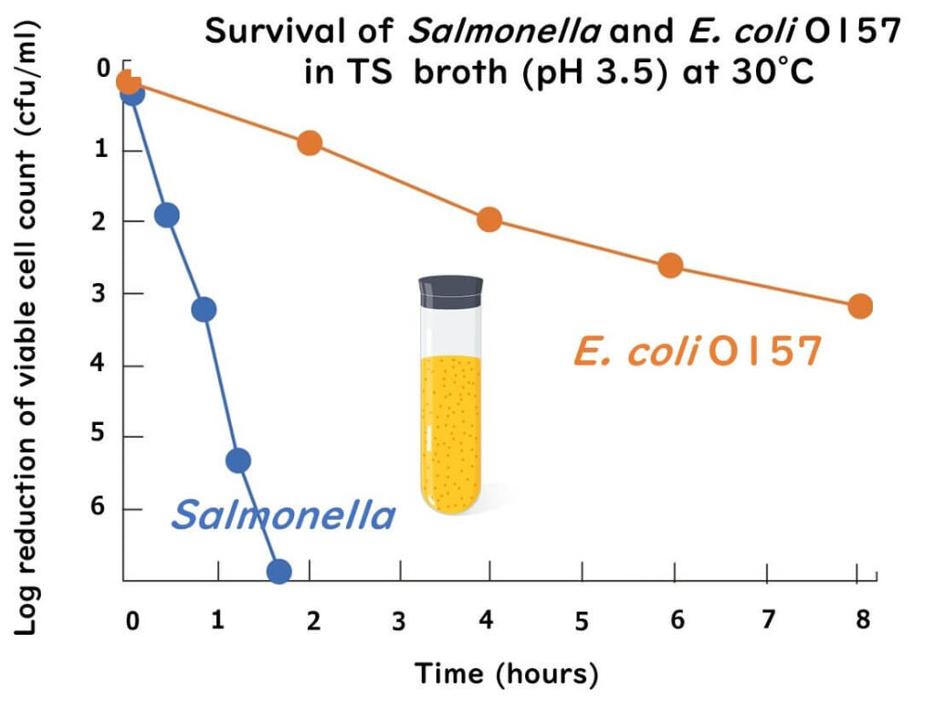 Survival of E. coli and Salmonella at low pH