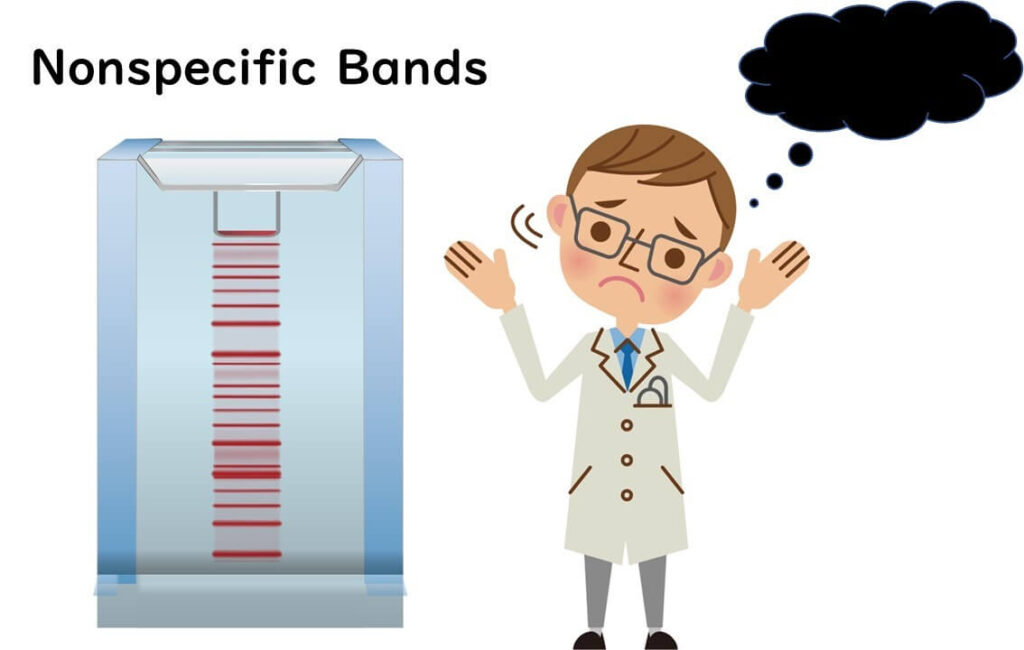 Illustration showing non-specific bands on a gel electrophoresis result and a scientist expressing confusion, highlighting the issue of primer design specificity in PCR testing."