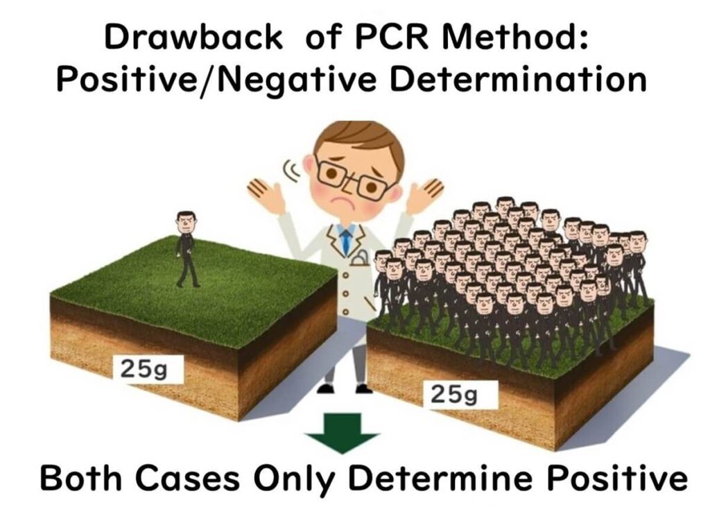 Illustration of a drawback in the PCR method showing two 25g samples, one with a single bacterium and the other with a high bacterial load, both yielding positive results. Highlights the limitation of PCR in distinguishing bacterial quantity.