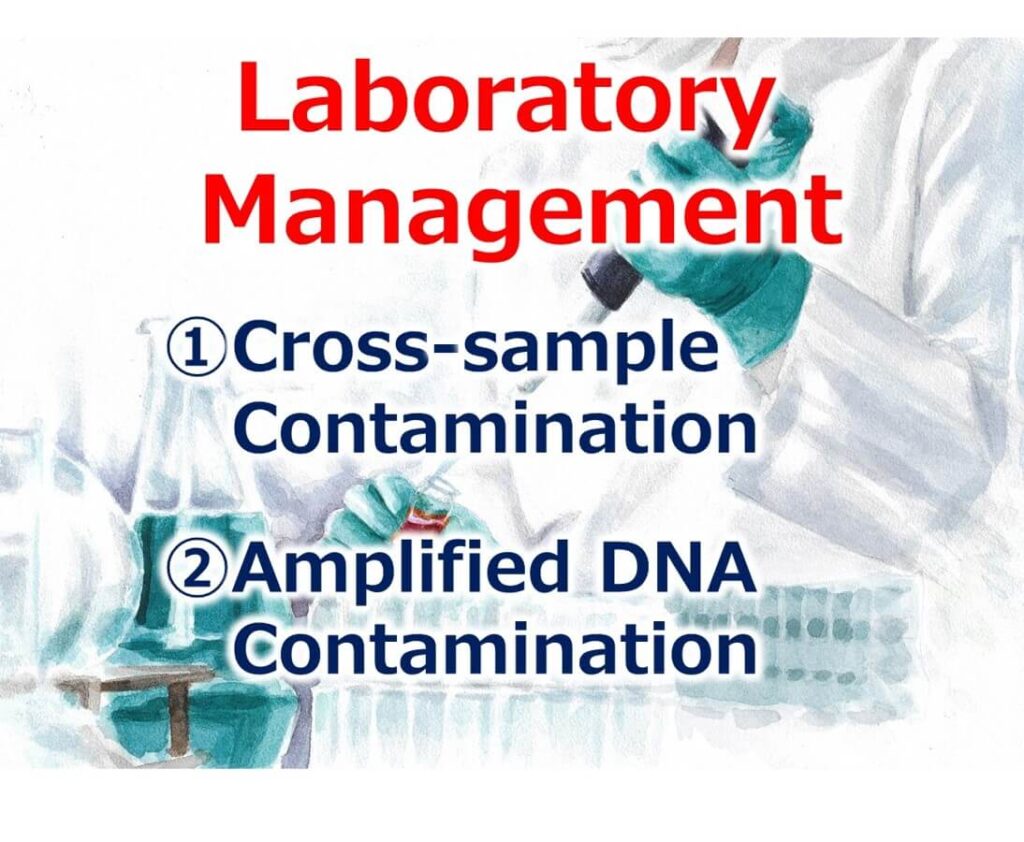 Image highlighting key laboratory management issues in PCR testing, including cross-sample contamination and amplified DNA contamination, critical for maintaining accurate food safety results.