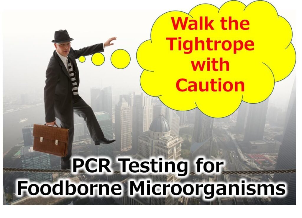 Illustration emphasizing the caution required in PCR testing for foodborne microorganisms, depicted as a metaphorical tightrope walk to highlight the challenges and precision needed in microbial detection.