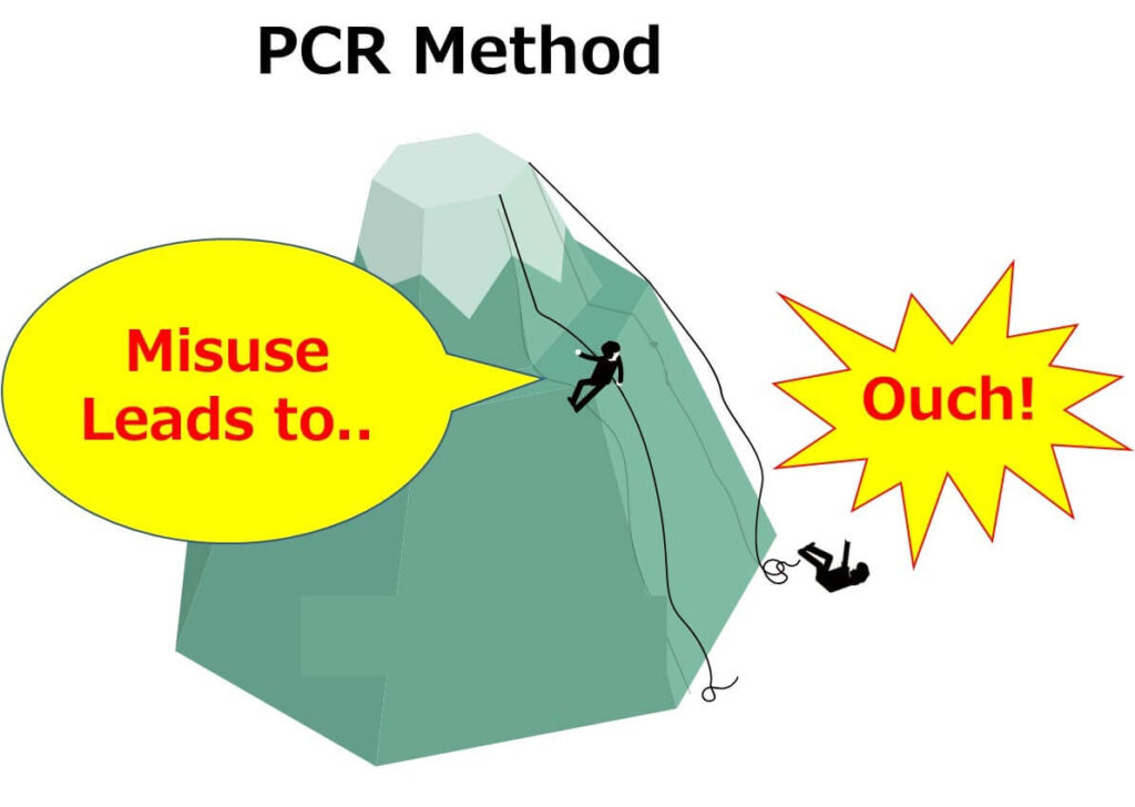 Visual representation of the risks of misusing PCR technology. The image features a metaphorical mountain climb, where incorrect PCR use leads to a climber falling, symbolizing errors causing significant setbacks in food microbiology testing.