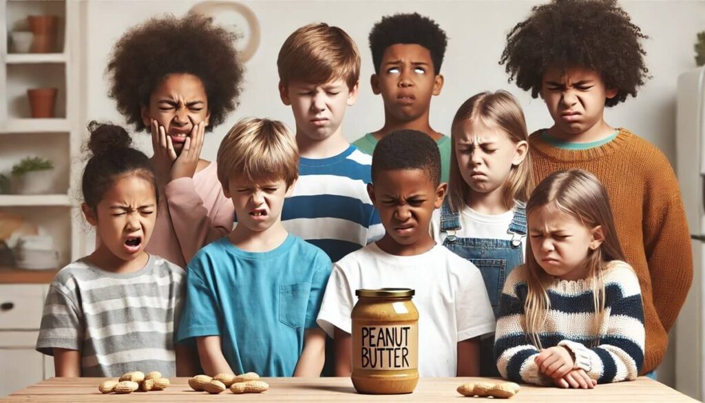 Children expressing disgust while looking at peanut butter on a table, symbolizing the public reaction to peanut butter linked to Salmonella food poisoning outbreaks.