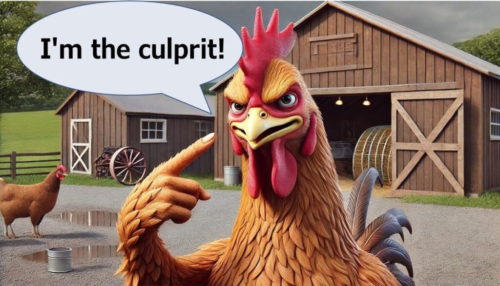 Cartoon-style illustration of an angry-looking chicken pointing to itself in front of a barn, with a speech bubble saying ‘I'm the culprit!’, suggesting chicken as the main source of Campylobacter infection.
