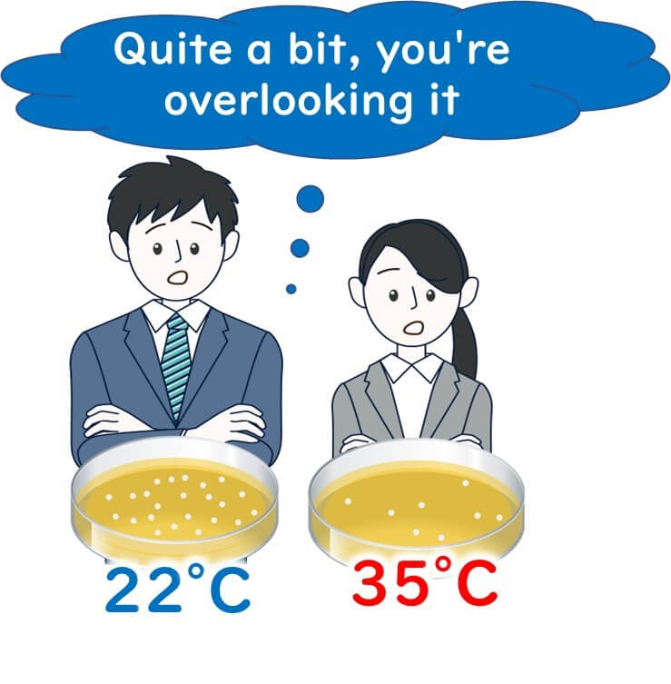 Illustration comparing bacterial growth at 22°C and 35°C: more colonies appear at 22°C, suggesting cold-tolerant bacteria are being overlooked at standard incubation temperature