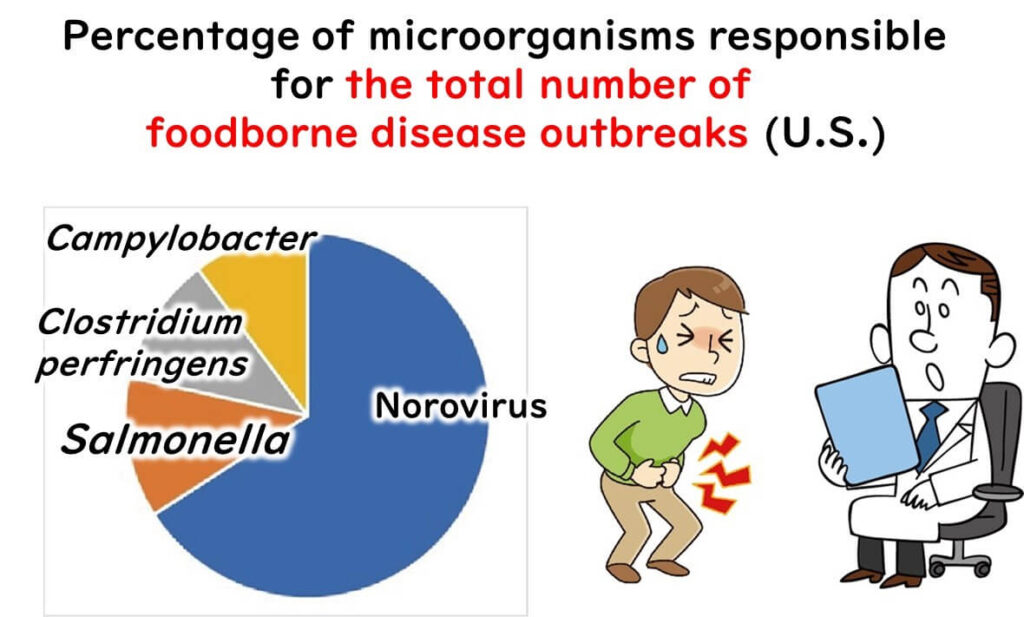 Pie chart showing the percentage of microorganisms responsible for foodborne disease outbreaks in the U.S. Norovirus accounts for the largest portion, followed by Salmonella, Clostridium perfringens, and Campylobacter. The image also includes a cartoon of a person with stomach pain and a doctor holding a clipboard.