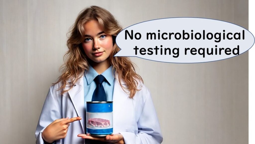 Smiling woman in a lab coat holding a can and pointing at it, with a speech bubble saying “No microbiological testing required,” indicating the safety of canned foods due to effective sterilisation.