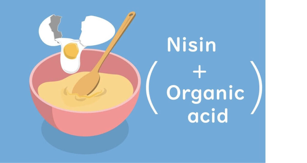 Illustration of a mixing bowl with egg batter and a cracked egg above it, accompanied by the text 'Nisin + Organic acid' to represent their combination in food formulations.
