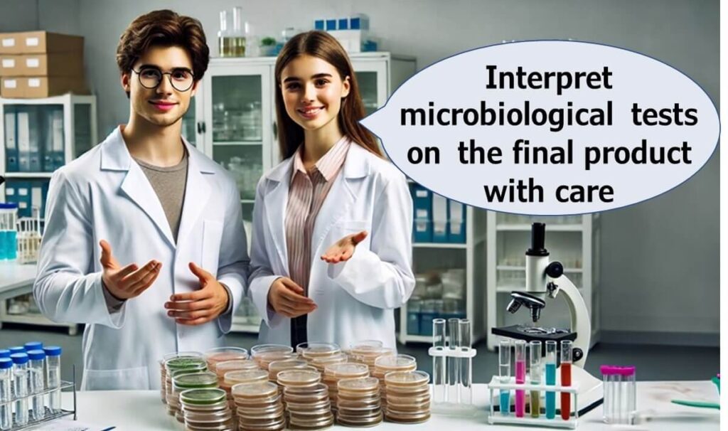 Two lab technicians standing behind stacks of petri dishes in a laboratory, with a speech bubble advising, “Interpret microbiological tests on the final product with care,” highlighting the need for cautious evaluation of test results.