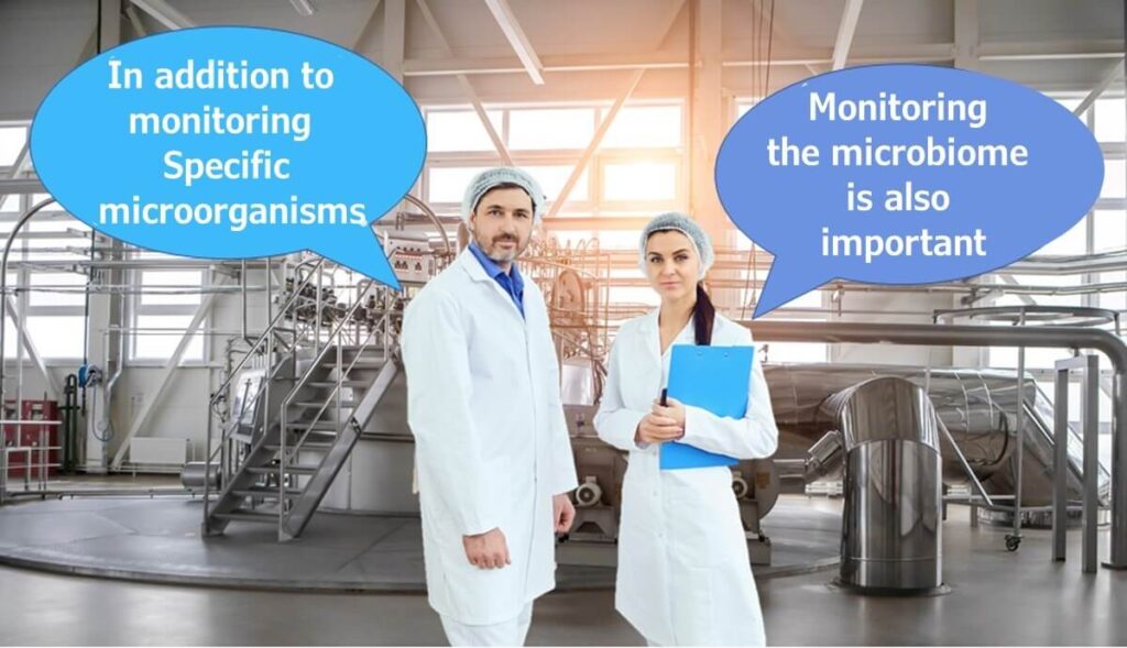 Two food factory professionals in lab coats and hairnets standing in a processing facility. One speech bubble says, “In addition to monitoring specific microorganisms,” and the other says, “Monitoring the microbiome is also important.”