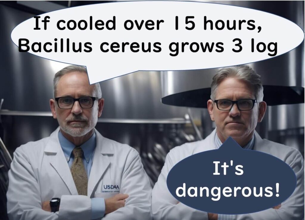 wo scientists in lab coats standing in a food processing facility. One says, 'If cooled over 15 hours, Bacillus cereus grows 3 log.' The other responds, 'It's dangerous!'