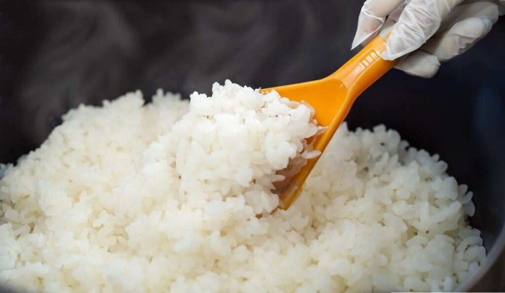Gloved hand stirring freshly cooked white rice with a plastic rice paddle, with steam rising in the background.