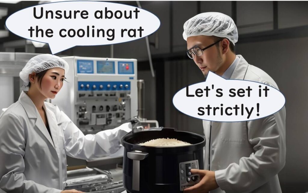 Two food factory workers in lab coats and hairnets discussing rice cooling. One says, 'Unsure about the cooling rat' (a typo for 'rate'), while the other replies, 'Let's set it strictly!' as they examine a rice cooker in an industrial setting.